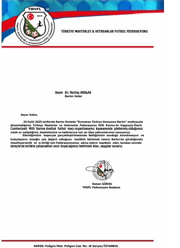 TMVFL FEDERASYON BAŞKANI KENAN GÜRSU'NUN BARTIN VALİSİ SAYIN DR.NURTAÇ ARSLAN'A TEŞEKKÜR YAZISI