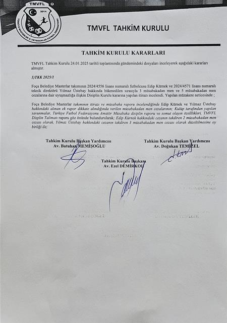 TAHKİM KURULU KARARLARI 24.01.2025